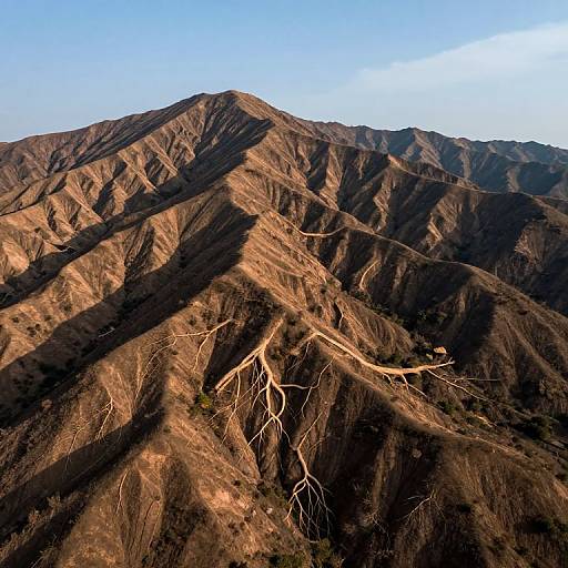 Photograph of a rugged, sunlit mountain range with shadowed, steep slopes and exposed, white, root-like branches against a clear blue sky.