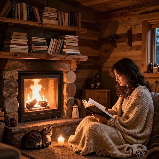 Photograph of a curly-haired woman in a cozy, wooden cabin, reading by a lit fireplace, with a cat beside her.