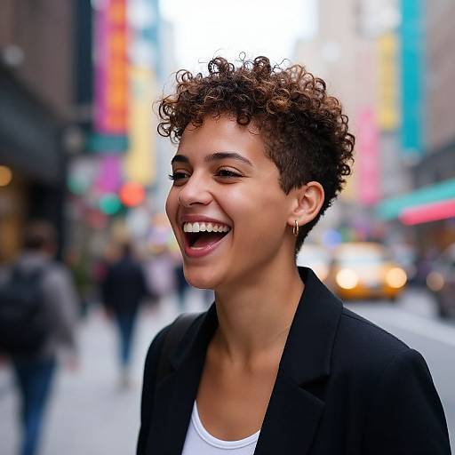 Joyful Woman with Curly Pixie Hair