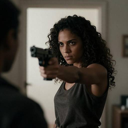 Woman Pointing Gun at Shadowy Figure