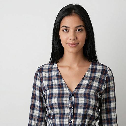 Photograph of a young woman with long black hair, medium brown skin, wearing a blue, white, and black plaid button-up shirt, smiling