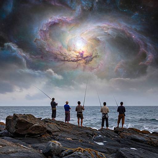 Photograph of five men fishing on rocky shore, facing a colorful, glowing spiral galaxy in the dramatic, cloudy sky above the ocean.