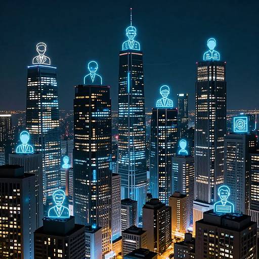 Neon blue outline drawings of people on tall skyscrapers in a cityscape at night, with illuminated windows and streetlights. Digital art.