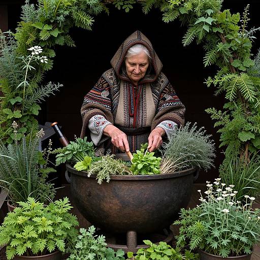 Photograph of elderly woman with white hair, wearing patterned hooded dress, tending to herbs in large metal pot, surrounded by lush greenery