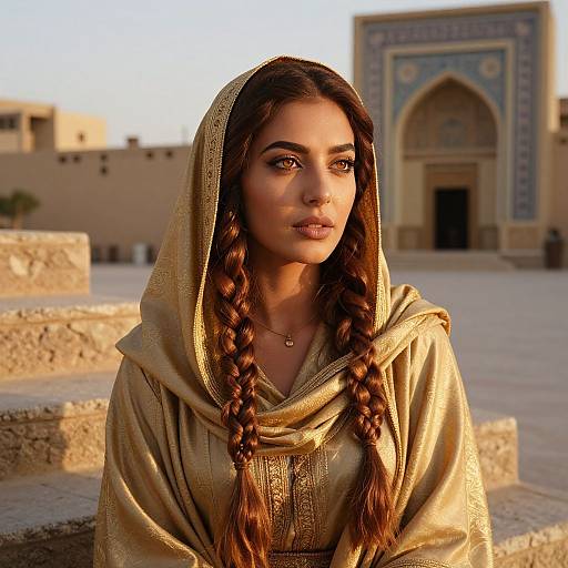 Photograph of a young woman with long, braided brown hair, wearing a gold, textured hooded robe, standing in a sunlit, ancient