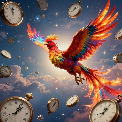 Digital artwork of a vibrant, multi-colored phoenix with fiery wings soaring through a starry sky surrounded by floating clocks.