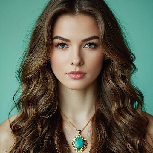 Portrait of Young Woman with Wavy Hair and Turquoise Pendant