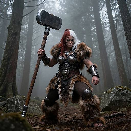 Photograph of fierce Viking warrior woman with red and white hair, wielding large hammer, dressed in metallic armor and fur, standing in misty forest.