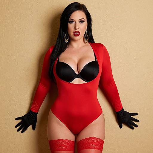 Photograph of a curvy woman with long black hair, wearing a red long-sleeve bodysuit, black bra, red lace stockings,