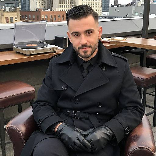 Photograph of a bearded man with dark hair, wearing a black coat and leather gloves, sitting in a modern rooftop café with city buildings in the