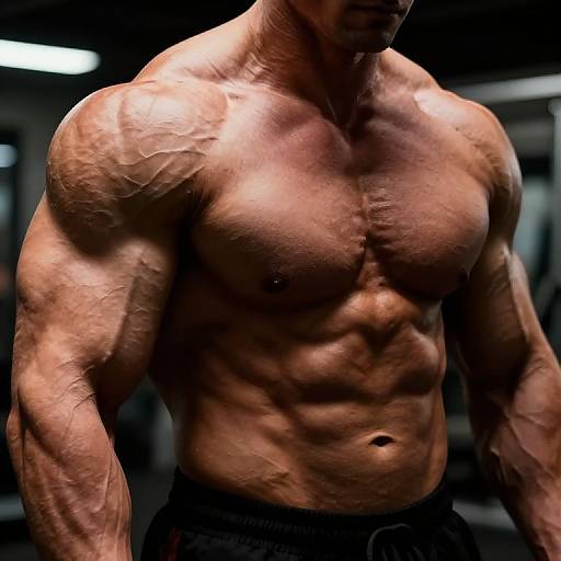 Photograph of a muscular, shirtless man with defined abs and prominent veins, standing in a dimly lit gym. His tanned skin contrasts with