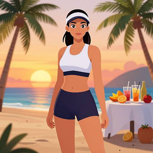 Digital illustration of a fit, tan-skinned woman with black hair, wearing a white sports bra, black shorts, and headband, standing on a