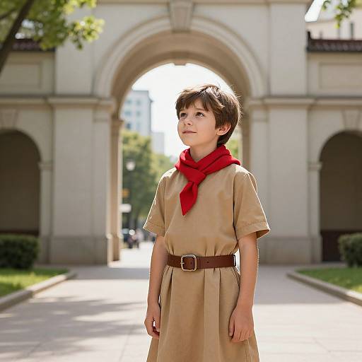 Photograph of a young boy with short brown hair, wearing a beige tunic, red scarf, and brown belt, standing in front of an ar