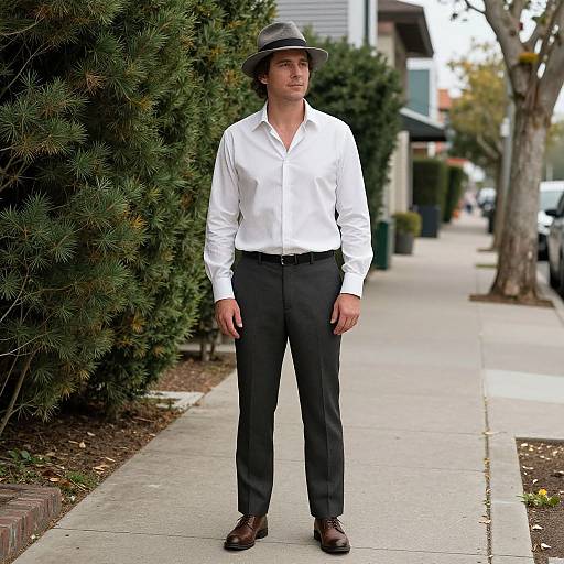 Photograph of a man in a white shirt, black pants, brown shoes, and gray hat standing on a suburban sidewalk.