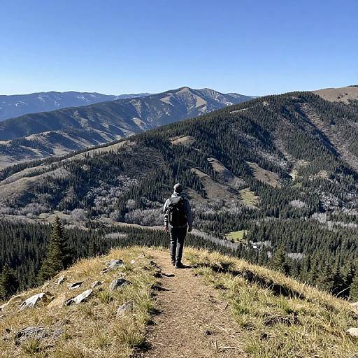 Photograph of a hiker in dark outdoor gear standing on a grassy mountain trail, facing a forested mountain range under a clear blue sky.
