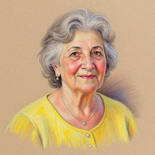 Digital drawing of an elderly woman with gray curly hair, yellow blouse, pearl necklace, and earrings, smiling warmly against a beige background.
