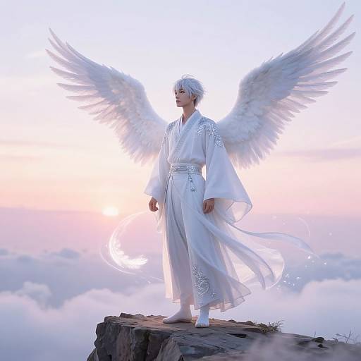 Digital artwork of a white-haired angelic figure with large wings, wearing a flowing white robe, standing on a cliff against a pastel sky and clouds