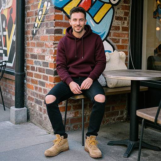 Photograph of a bearded man with short dark hair, wearing a maroon hoodie, black ripped jeans, and tan boots, sitting outside a brick