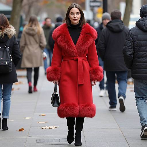 Photograph of a woman with straight dark hair, wearing a vibrant red fur-collared coat, black turtleneck, and black boots, walking