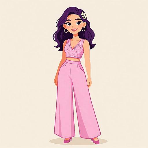 Cartoon-style drawing of a smiling woman with purple hair, pink polka-dot crop top, high-waisted pink pants, and pink shoes.