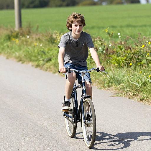 Photograph of a young boy with messy brown hair, wearing a grey shirt and blue shorts, riding a black bicycle on a sunny rural road.
