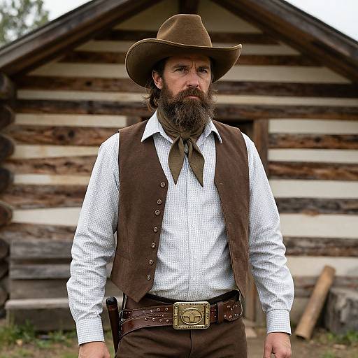 Bearded Cowboy by Log Cabin