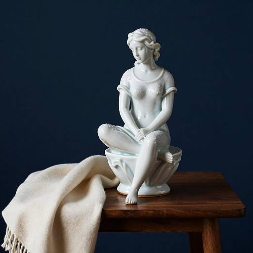 Porcelain Figurine with Cashmere Throw on Teak Table
