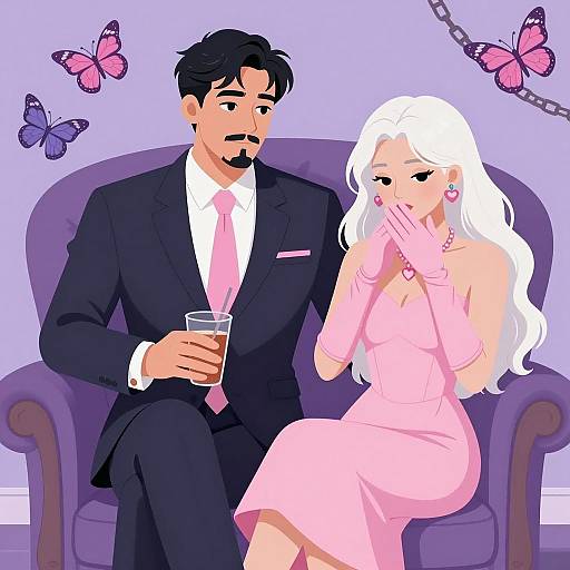 Elegant Couple Sitting on Purple Armchair