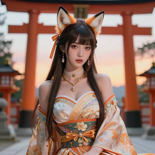 Photograph of an Asian woman in a fox ears headband, traditional Japanese kimono with floral patterns, gold jewelry, and orange obi, standing