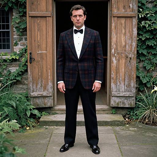 Photograph of a serious man in a black plaid suit, white shirt, black bow tie, and black shoes, standing in front of a rustic