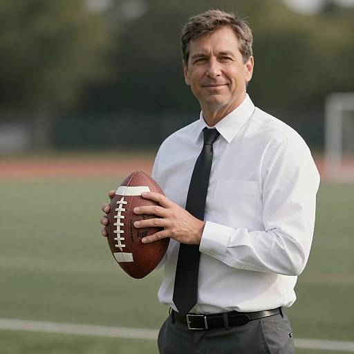 Cheerful Man with Football on Field