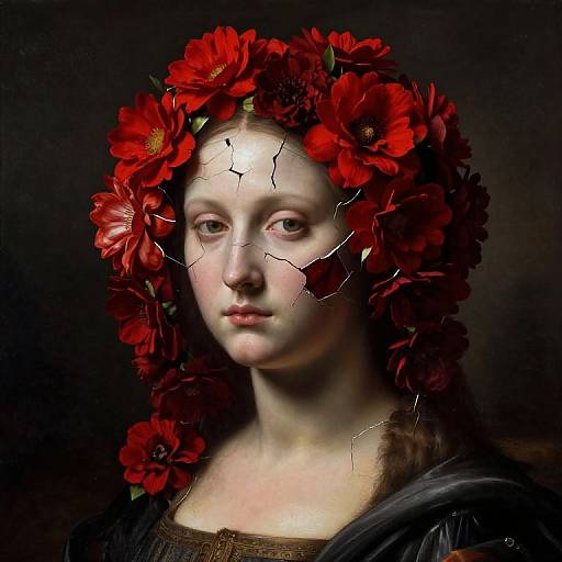 Photorealistic digital artwork of a pale-skinned woman with a red flower crown, cracked face, dark background, wearing a brown dress.