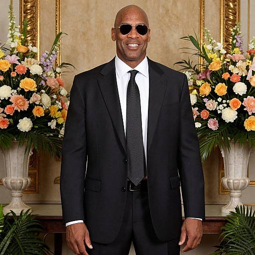 Photograph of a tall, bald Black man in a black suit, white shirt, and black tie, wearing sunglasses, standing in front of ornate