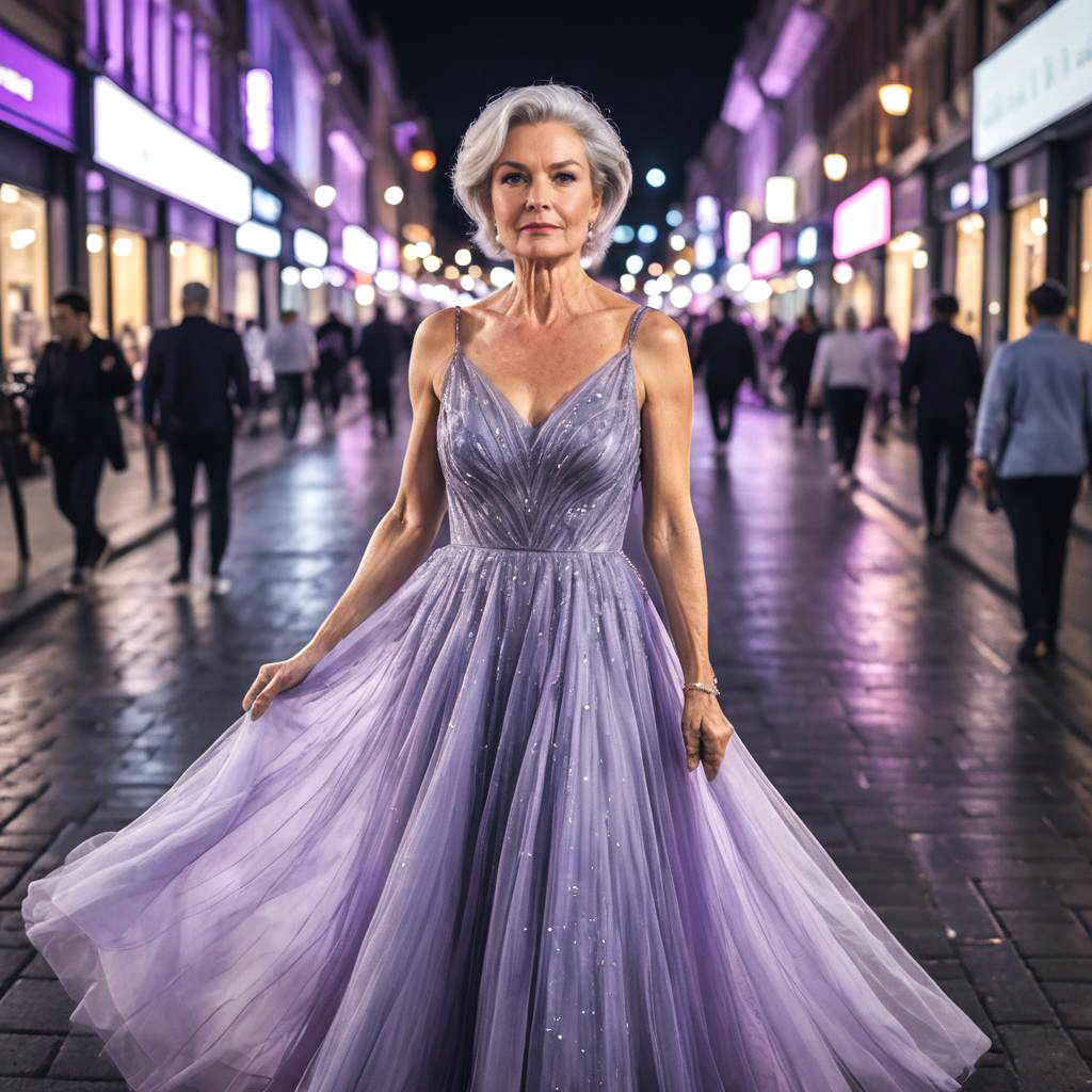 Elegant Woman in Lavender Gown at Night