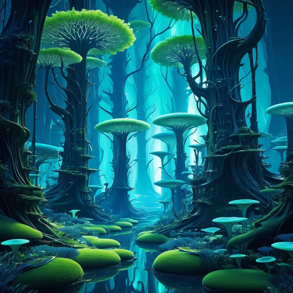 Surreal Futuristic Landscape with Luminescent Fungi