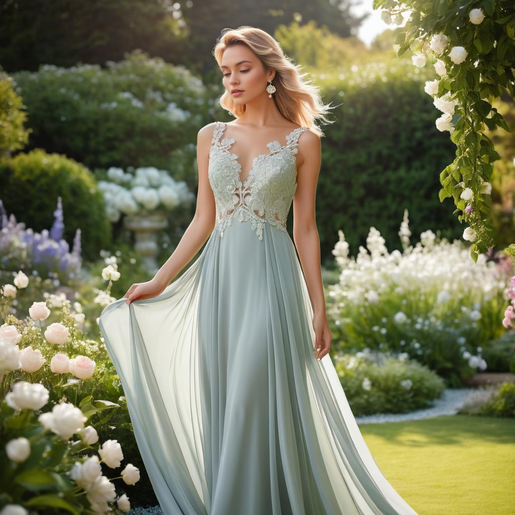 Elegant Model in Chiffon Gown in Garden