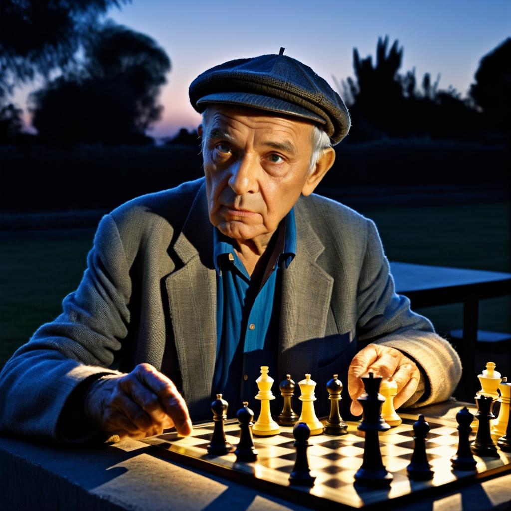 Elderly Man Chess Portrait at Dusk