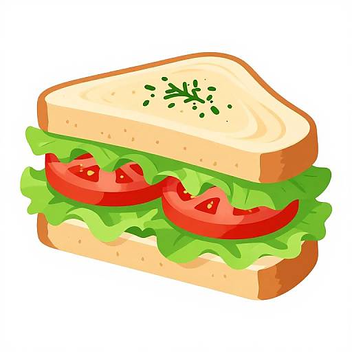 Digital illustration of a colorful sandwich with light brown bread, green lettuce, and two red tomato slices, garnished with green parsley.