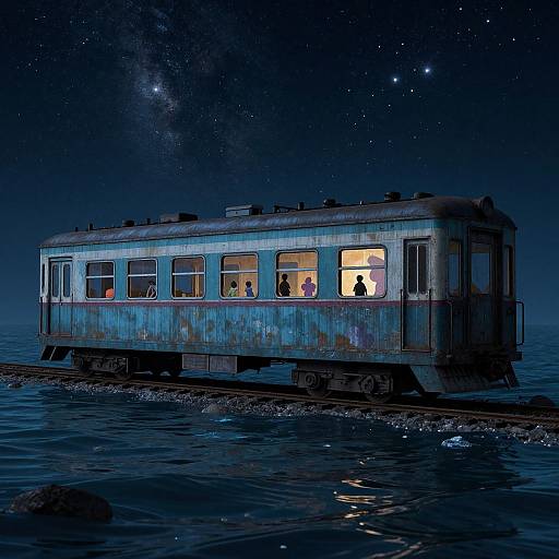 Photograph of a rusty, blue train carriage floating on a dark, starry night sea, with warm yellow lights illuminating the interior and several sil