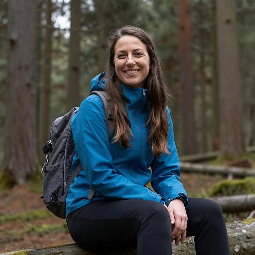 Smiling Woman in Forest with Backpack
