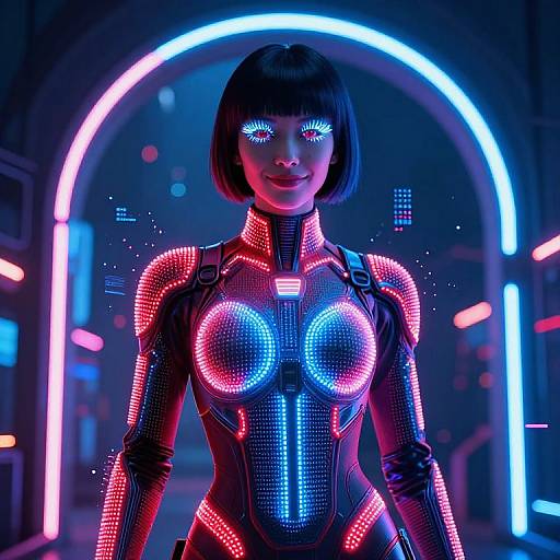 Neon-lit cyberpunk woman in glowing, form-fitting bodysuit with blue, red, and pink LED lights. Brightly illuminated eyes