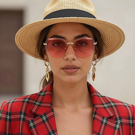 Woman in Straw Hat and Red Plaid Blazer