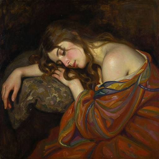 Digital painting of a sleeping woman with long brown hair, pale skin, and red-orange dress, resting on a floral-patterned pillow. Dark background.