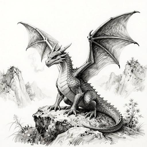 Black and white ink drawing of a majestic, detailed dragon with large wings, sitting on a rocky outcrop, showcasing intricate scales and textures.