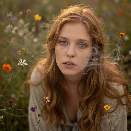 Photograph of a red-haired woman with blue eyes, slightly parted lips, and a small wisp of smoke in front of her face, kneeling in