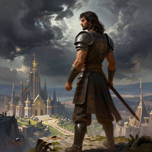 Digital painting of a muscular, long-haired warrior with black armor and sword, standing on a cliff overlooking a grand, illuminated castle city under dramatic, cloudy