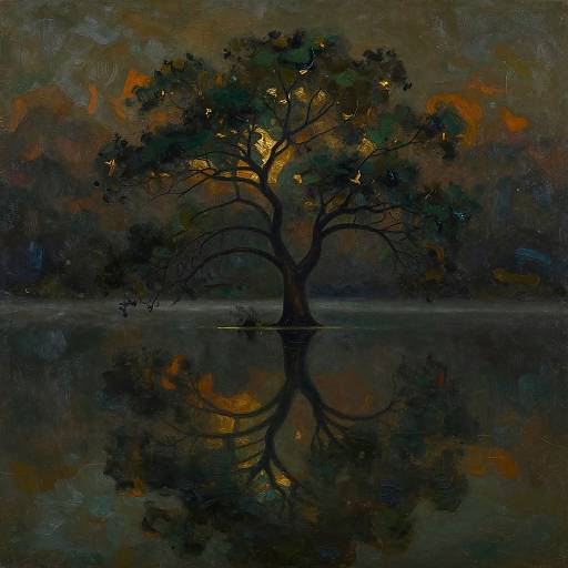 Dark, moody painting of a solitary tree with glowing leaves reflected in a calm, dark water body at dusk.