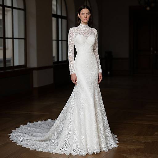 Photograph of a woman in a long-sleeve, lace white wedding gown with a high neckline and a trailing train, standing in a dimly