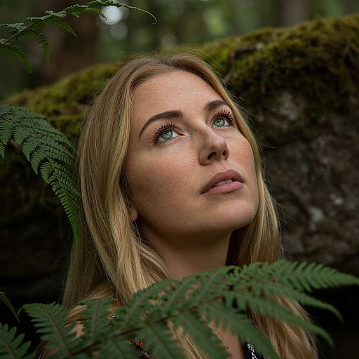 Photograph of a blonde woman with blue eyes, fair skin, and subtle makeup, gazing upward through ferns in a mossy forest.