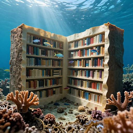 Photorealistic CGI of an underwater coral reef library with sunlit rays illuminating a stone-textured, open-book bookshelf surrounded by colorful fish and